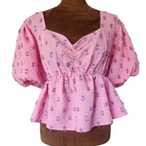 NWT Day + Moon Size L Pink Crop Top Puff Sleeve Polka Dot Smocked Stretch‎